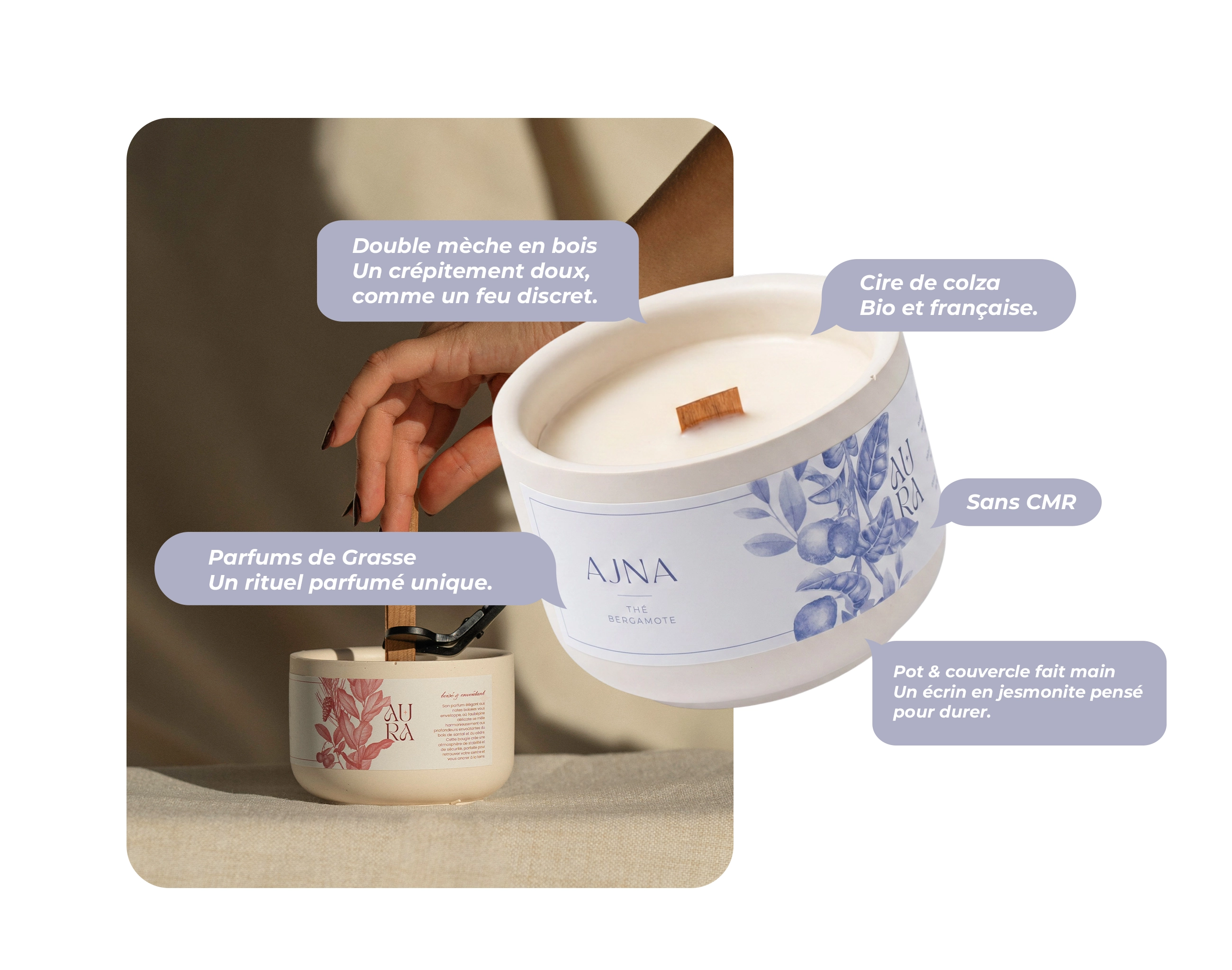 Bougie Atelier Aura dans son pot en jesmonite réutilisable